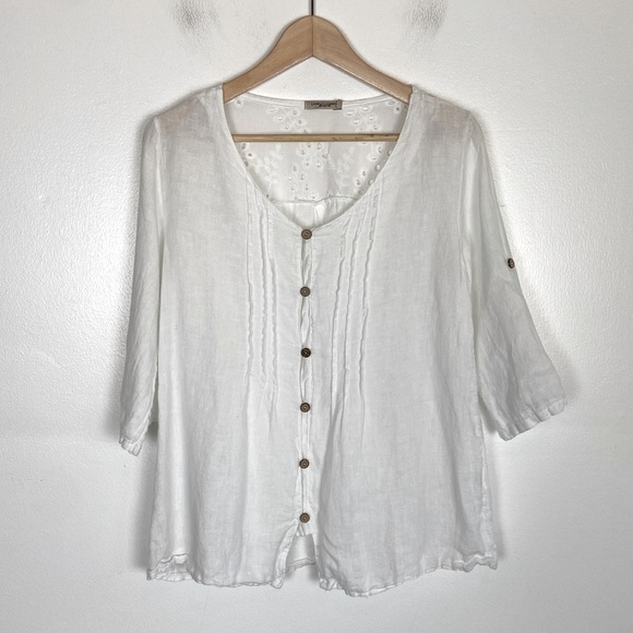Lungo L'arno Italian Linen Top White Size S Short Sleeve Eyelet Button Front - Picture 1 of 9
